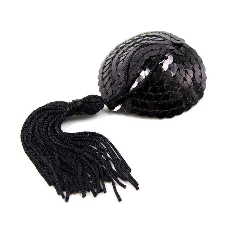 Copricapezzoli autoadesivi con paillettes a forma di cuore e nappa, LATETOBED BDSM LINE, nero