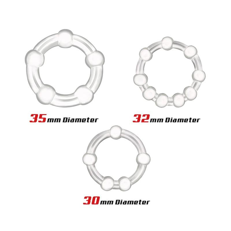 ANELLI BEAST Set di 3 anelli per pene flessibili trasparenti con perline